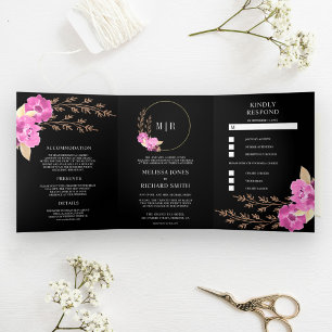 Invitation Trois Volets Boho Pink Orchid Floral Tout en un Mariage noir