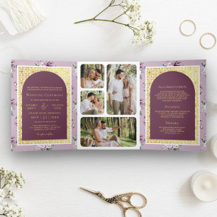 Invitation Trois Volets Boho Purple Floral tout en un Mariage Indien d'or