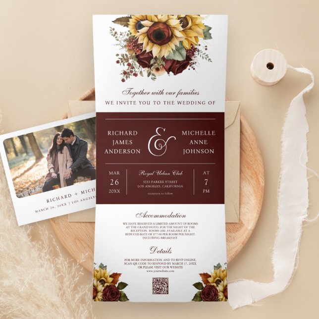 Invitation Trois Volets Boho Roses Tournesol Code QR Mariage Bourgogne (Créateur téléchargé)