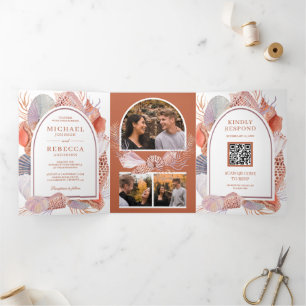 Invitation Trois Volets Boho Rustique Coquillages Nautique QR Code Mariage