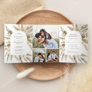 Invitation Trois Volets Boho Rustique séché Pampas Arche en herbe Photo Ma