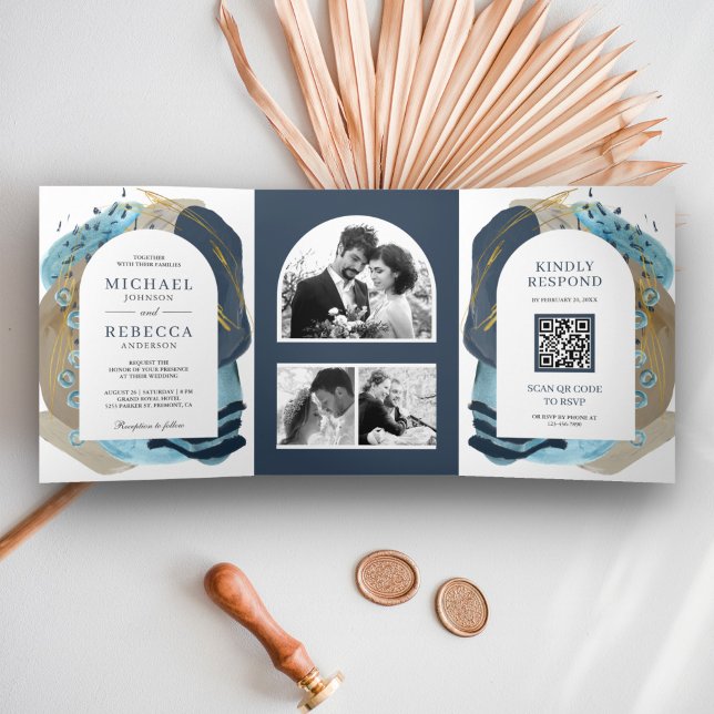 Invitation Trois Volets Boho Taupe Bleu Nuit Pinceaux Code QR Mariage (Créateur téléchargé)