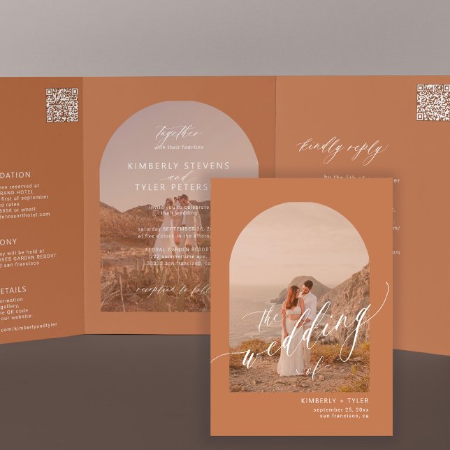 Invitation Trois Volets Boho terracotta arch photo QR code wedding (Créateur téléchargé)