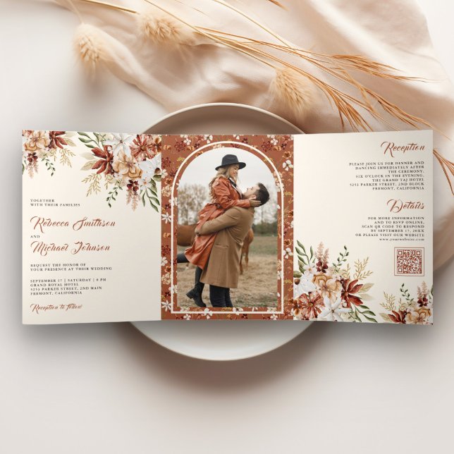 Invitation Trois Volets Boho Terracotta Floral Fleur sauvage Mariage de cr (Créateur téléchargé)