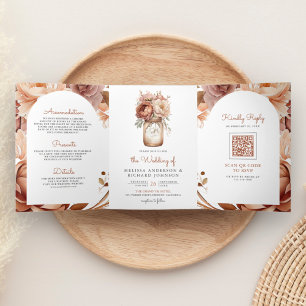 Invitation Trois Volets Boho Terracotta Floral Mason Jar QR Code Mariage