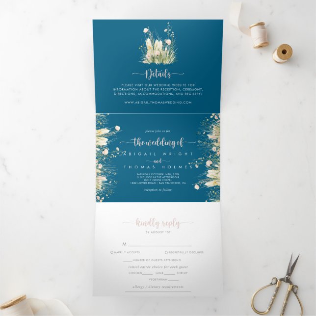 Invitation Trois Volets Boho vert Fleur sauvage bleu marine Le Mariage de (Intérieur)