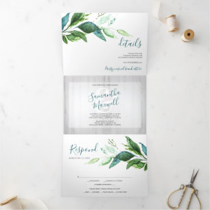 Invitation Trois Volets Bois rustique et verdure Tout en un mariage Invite