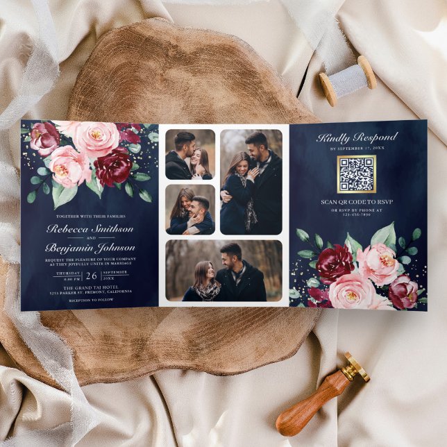 Invitation Trois Volets Bordeaux Floral Code QR Rose Saumon Mariage Bleu M (Créateur téléchargé)