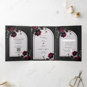 Invitation Trois Volets Bordeaux Red Roses Shadowy Grey Floral Mariage