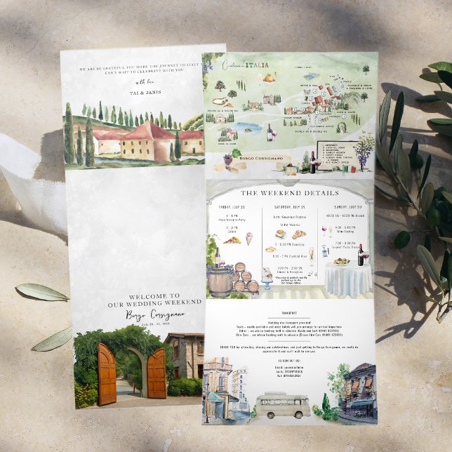 Invitation Trois Volets Borgo Corsignano | Mariage illustré (Créateur téléchargé)