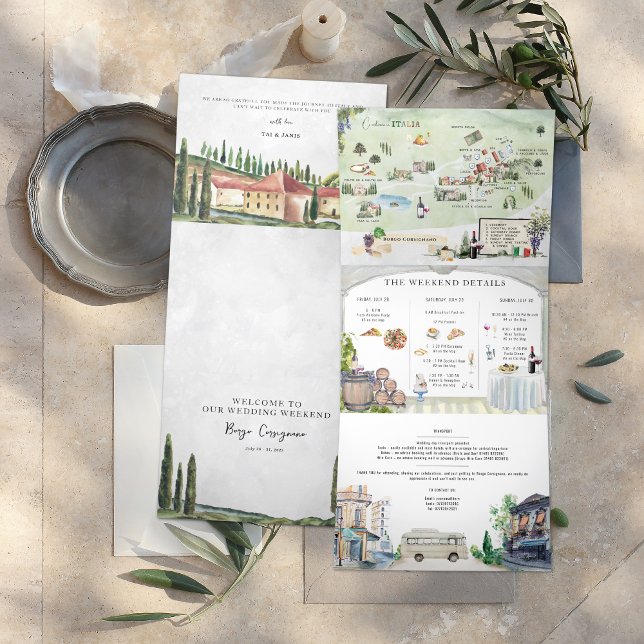 Invitation Trois Volets Borgo Corsignano | Mariage illustré (Créateur téléchargé)