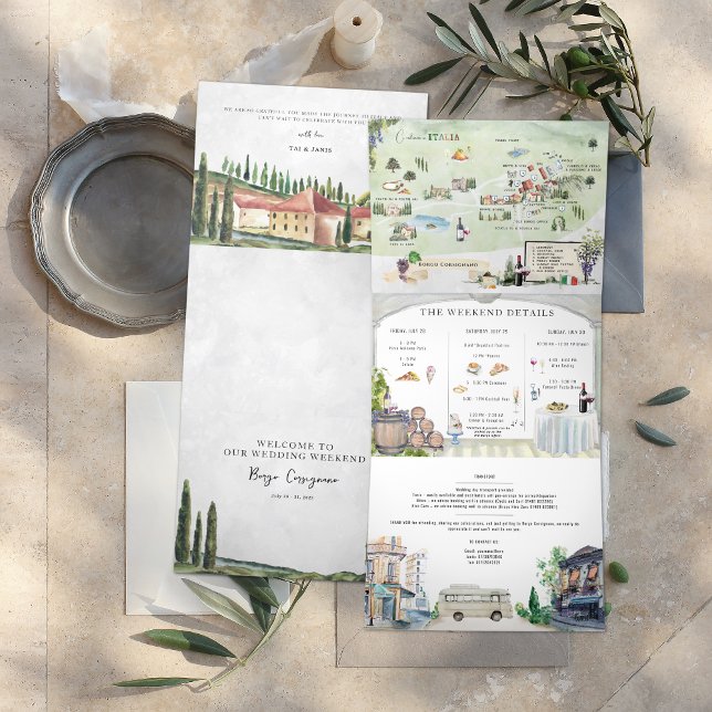 Invitation Trois Volets Borgo Corsignano | Mariage illustré (Créateur téléchargé)