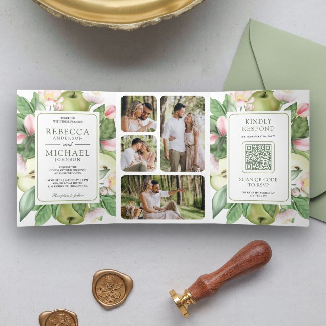 Invitation Trois Volets Botanique Green Apple Orchard QR Code Mariage (Créateur téléchargé)