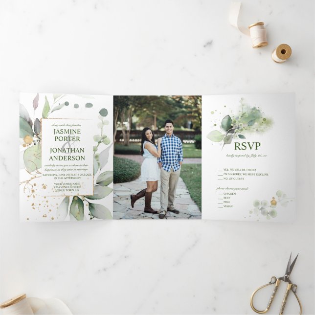 Invitation Trois Volets Botaniques rustiques Mariage photo verdure et or (Intérieur)