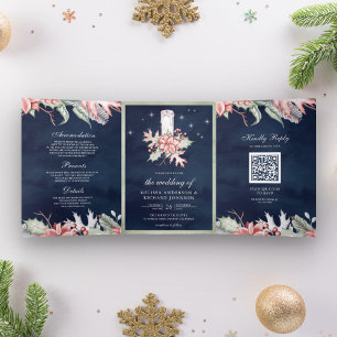 Invitation Trois Volets Bougie de Noël Poinsettia Code QR Mariage de marin