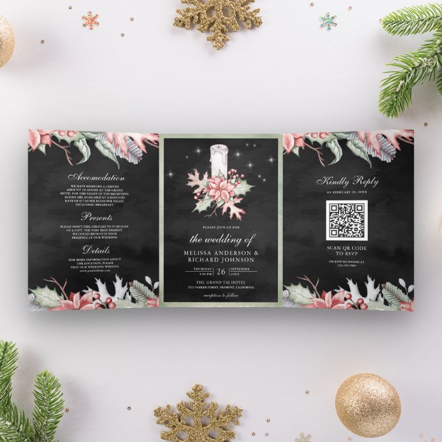 Invitation Trois Volets Bougie de Noël Poinsettia QR Code Mariage noir (Créateur téléchargé)