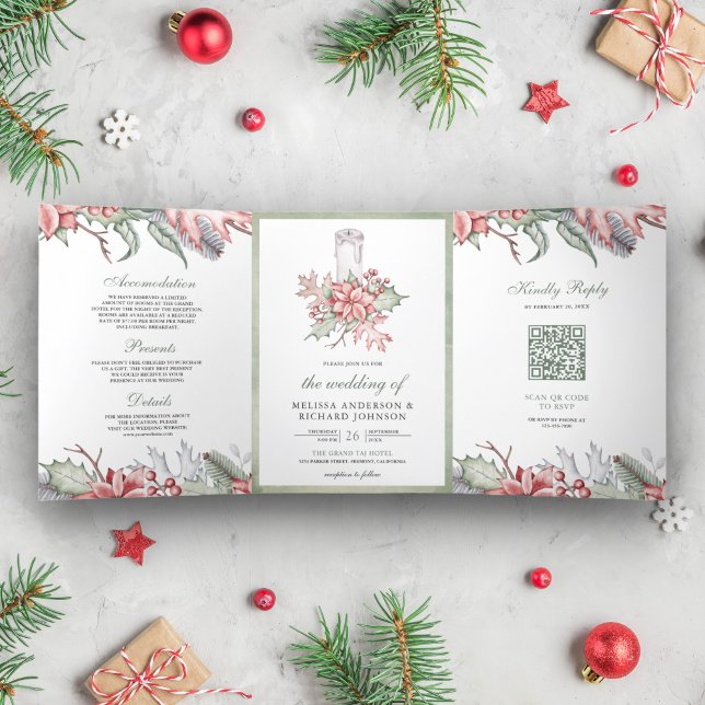 Invitation Trois Volets Bougie de Noël rustique au poinsettia Code QR de m (Créateur téléchargé)