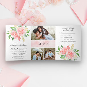 Invitation Trois Volets Bouquet de roses roses blush Collage photo de mari