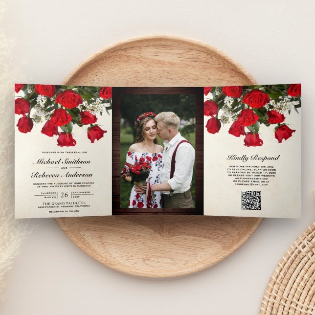 Invitation Trois Volets Bouquet de roses rouges rustiques Photo Code QR Ma (Créateur téléchargé)