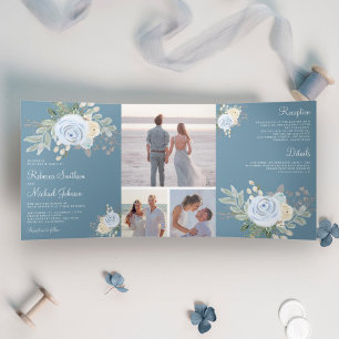 Invitation Trois Volets Bouquet Floral Pastel Rustique Bleu Poussiéreux de
