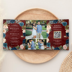 Invitation Trois Volets Bourgogne Bleu Nuit Pêche Floral Code QR Mariage