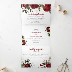 Invitation Trois Volets Bourgogne chic et élégant floral blanc mariage