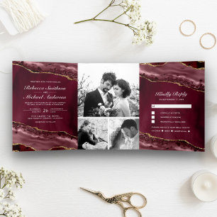 Invitation Trois Volets Bourgogne et Agate dorée Collage photo de mariage