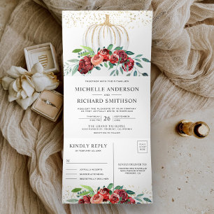 Invitation Trois Volets Bourgogne Floral Blanc Citrouille Automne Mariage 
