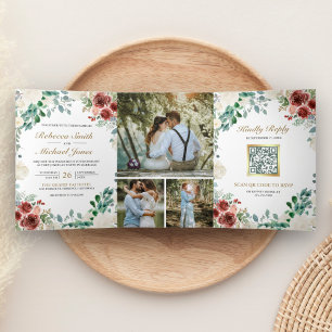 Invitation Trois Volets Bourgogne Ivoire Floral Sauge Feuilles Code QR Mar