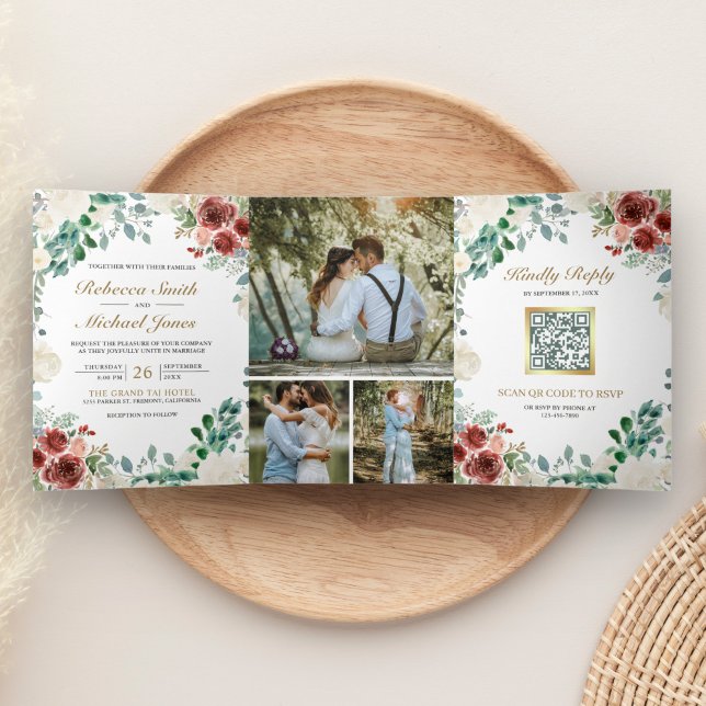 Invitation Trois Volets Bourgogne Ivoire Floral Sauge Feuilles Code QR Mar (Créateur téléchargé)