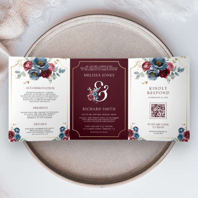 Invitation Trois Volets Bourgogne Marine Floral Esperluette Code QR Mariag (Créateur téléchargé)