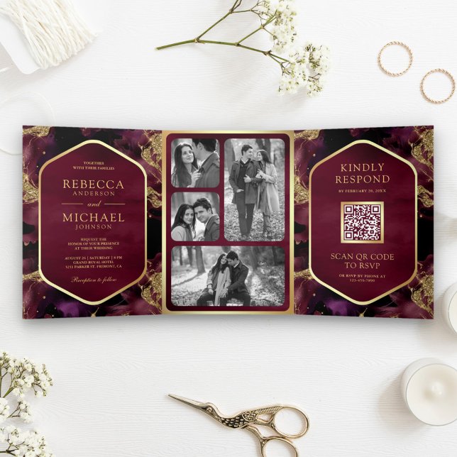 Invitation Trois Volets Bourgogne Or Encre Fluide Abstraite Code QR Mariag (Créateur téléchargé)