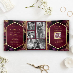 Invitation Trois Volets Bourgogne Or Encre Fluide Abstraite Code QR Mariag