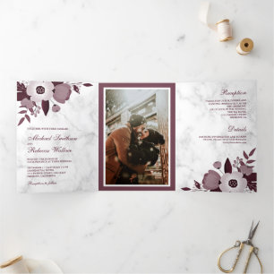 Invitation Trois Volets Bourgogne poussiéreuse Fleur Blanc Mariage Photo M