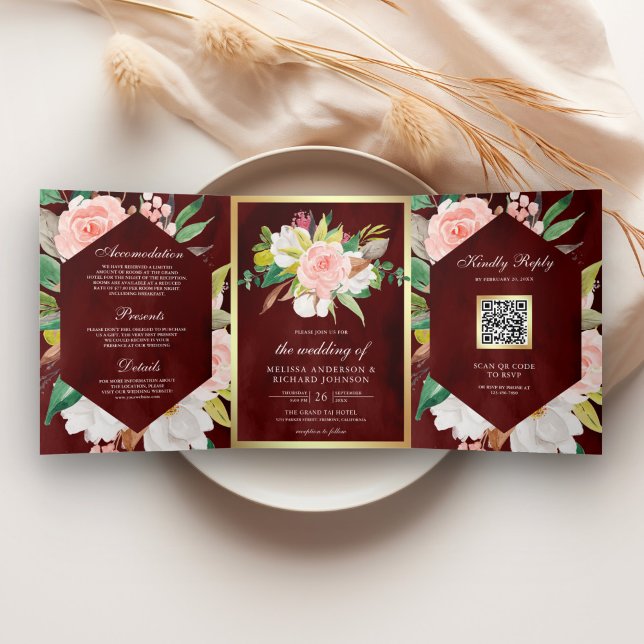 Invitation Trois Volets Bourgogne Rose Floral Or Code QR Mariage (Créateur téléchargé)