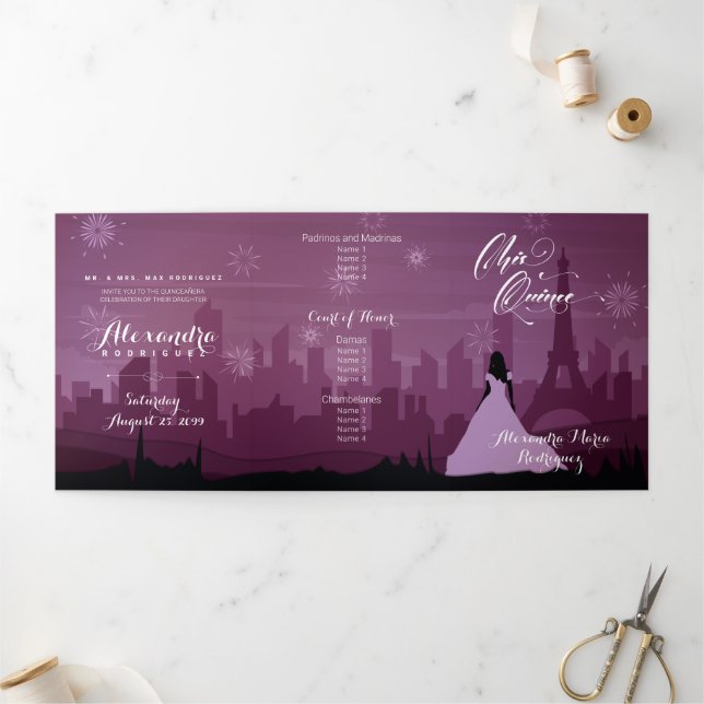 Invitation Trois Volets Bourgogne Rose rose Paris Feu d'artifice Quinceañe (Extérieur)