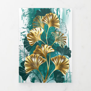 Invitation Trois Volets Branche avec Feuilles d'or Ginko Biloba