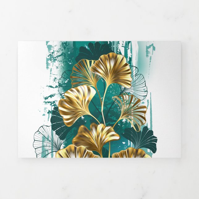 Invitation Trois Volets Branche avec Feuilles d'or Ginko Biloba (Page de couverture)