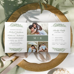 Invitation Trois Volets Branche de feuilles d'olive Photo Collage 3 en 1 M