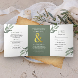 Invitation Trois Volets Branche de feuilles d'olive vert sauge Tout en un