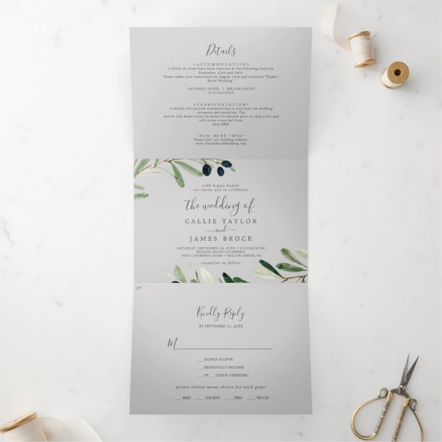 Invitation Trois Volets Branche d'olive moderne Gris Mariage photo tout en (Intérieur)