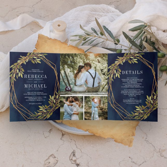 Invitation Trois Volets Branche d'olivier botanique rustique mariage bleu  (Créateur téléchargé)