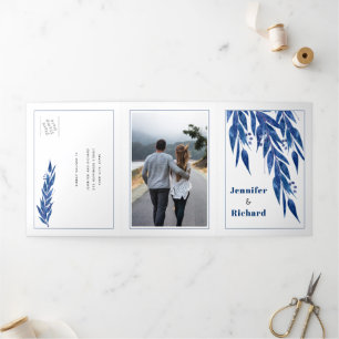 Invitation Trois Volets Branche Eucalyptus en bleu couleur mariage d'autom