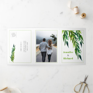 Invitation Trois Volets Branche Eucalyptus en vert couleur mariage d'autom