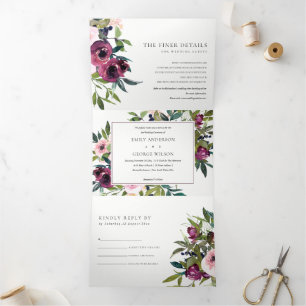 INVITATION TROIS VOLETS BRILLANT BURGUNDY VERT MARIAGE FLORAL BUNCH