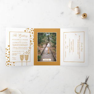 Invitation Trois Volets Bubbles Champagne Blanc & Or, Suite Mariage