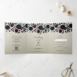 Invitation Trois Volets Burgundy Bleu Minuit Floral Almond Mariage Encre