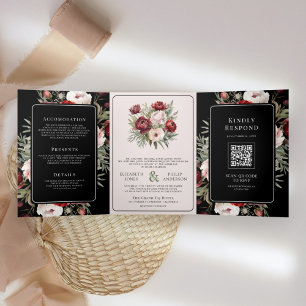 Invitation Trois Volets Burgundy Blush rose Floral Black Moody Mariage