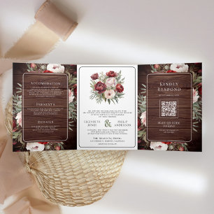 Invitation Trois Volets Burgundy Blush rose Floral Rustique Mariage bois