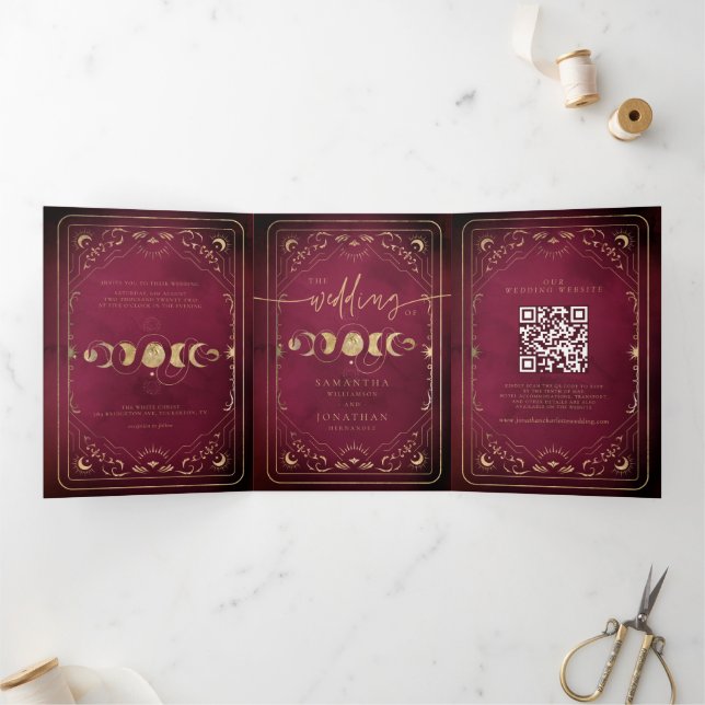 Invitation Trois Volets Burgundy & Faux Gold Tarot Celestial Wedding (Intérieur)